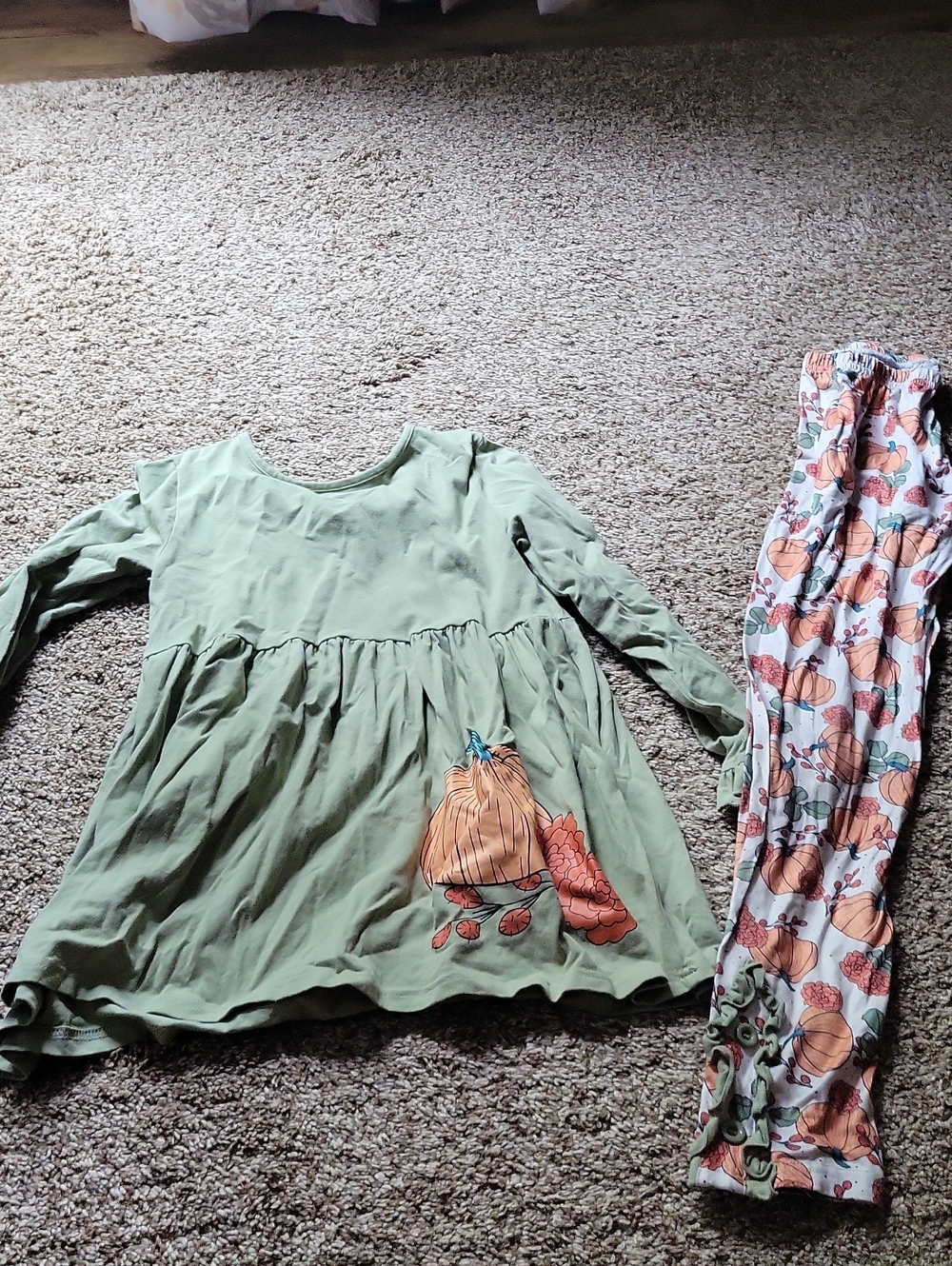 Kids Pumpkin Boutique Set - Sage Green Top with Pumpkin Print